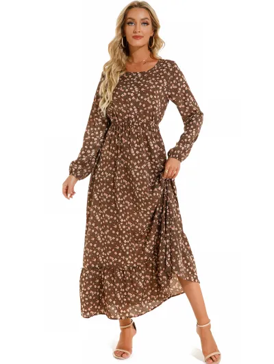 Women Casual Floral Print Round Neck Long Sleeve Maxi Dress