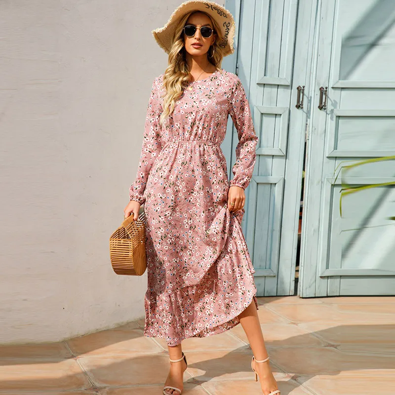 Women Casual Floral Print Round Neck Long Sleeve Maxi Dress