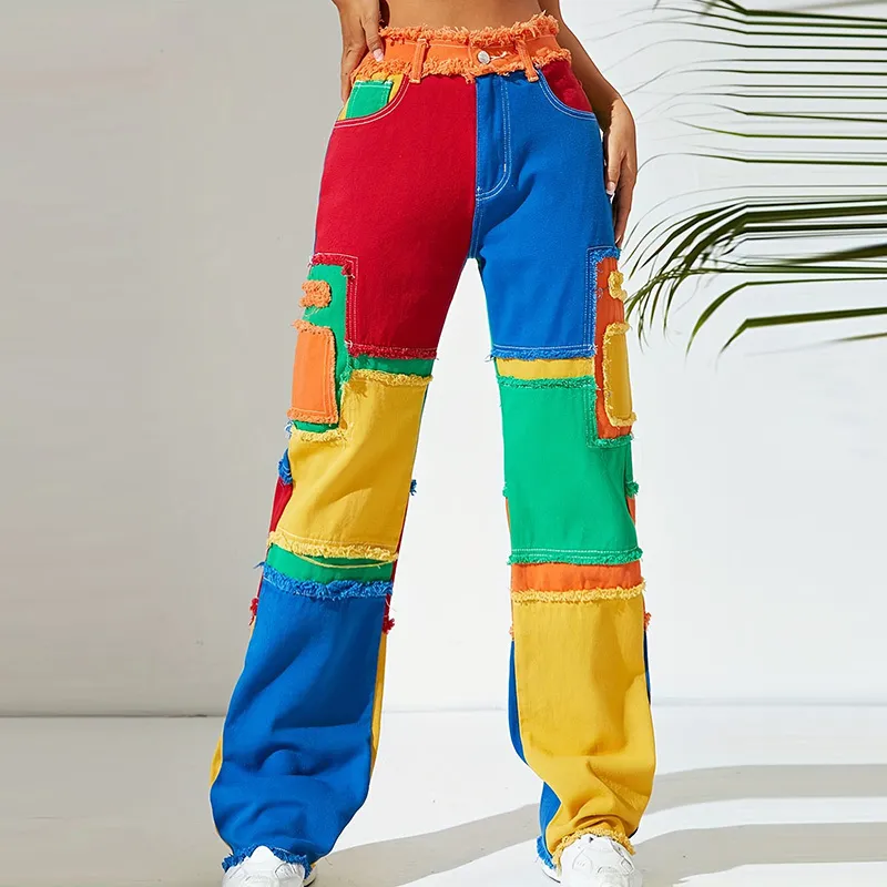 Women Fashion Color Block Stitching High Waist Loose Straight Jeans