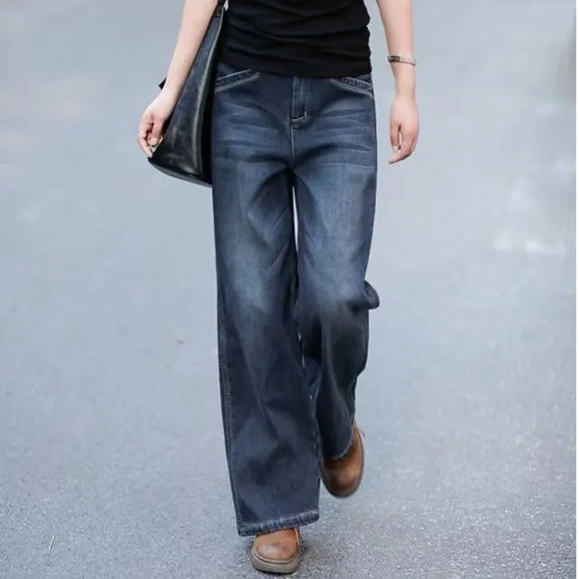 Women Fashion Retro Loose High Waist Straight Wide-Leg Jeans