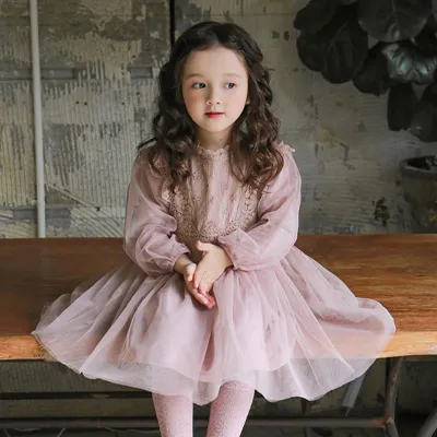 Kids Toddler Big Girls Casual Pastoral Cute Mesh Long Sleeve Round Neck Tutu Princess Dress