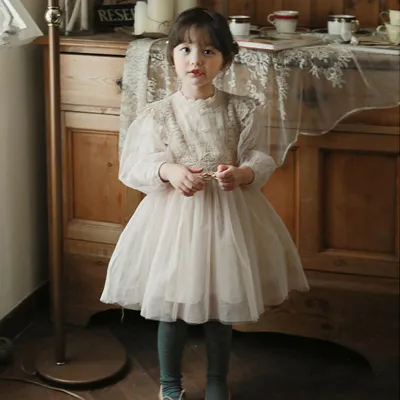 Kids Toddler Big Girls Casual Pastoral Cute Mesh Long Sleeve Round Neck Tutu Princess Dress