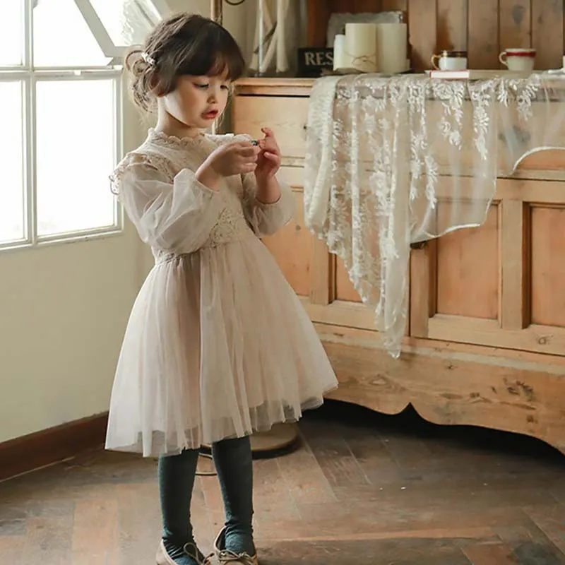 Kids Toddler Big Girls Casual Pastoral Cute Mesh Long Sleeve Round Neck Tutu Princess Dress