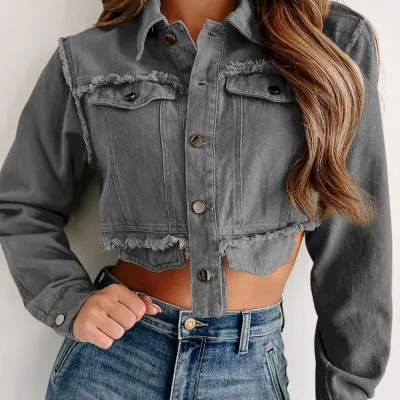 Women Fashion Casual Lapel Short Fringed Denim Coat