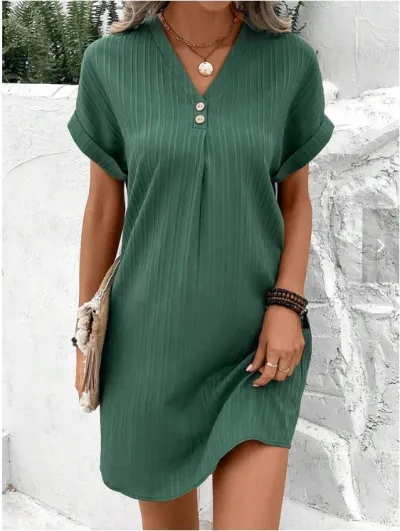 Women Casual Office Elegant V-Neck Pullover Short Sleeve A-Line Dress