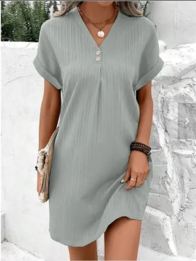 Women Casual Office Elegant V-Neck Pullover Short Sleeve A-Line Dress