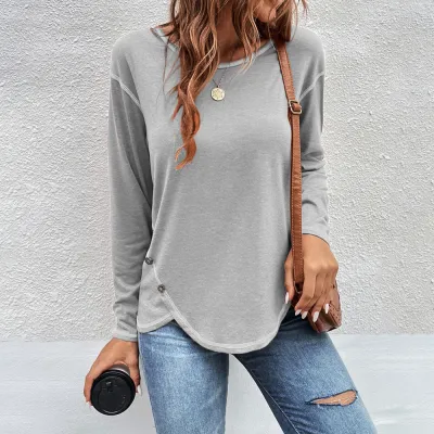 Women Simple Solid Color Button Irregular Round Neck Long Sleeve Cotton T-Shirt