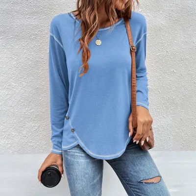 Women Simple Solid Color Button Irregular Round Neck Long Sleeve Cotton T-Shirt