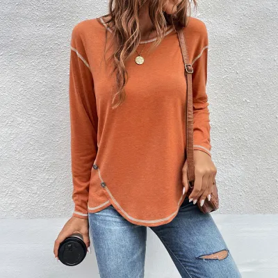 Women Simple Solid Color Button Irregular Round Neck Long Sleeve Cotton T-Shirt