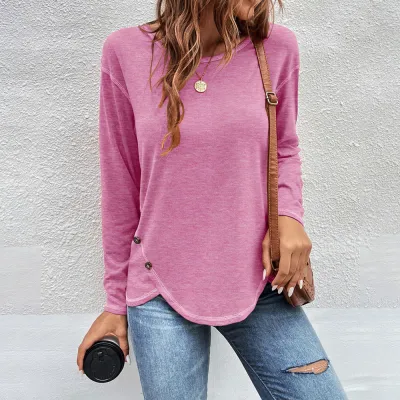 Women Simple Solid Color Button Irregular Round Neck Long Sleeve Cotton T-Shirt