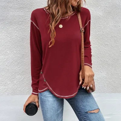 Women Simple Solid Color Button Irregular Round Neck Long Sleeve Cotton T-Shirt