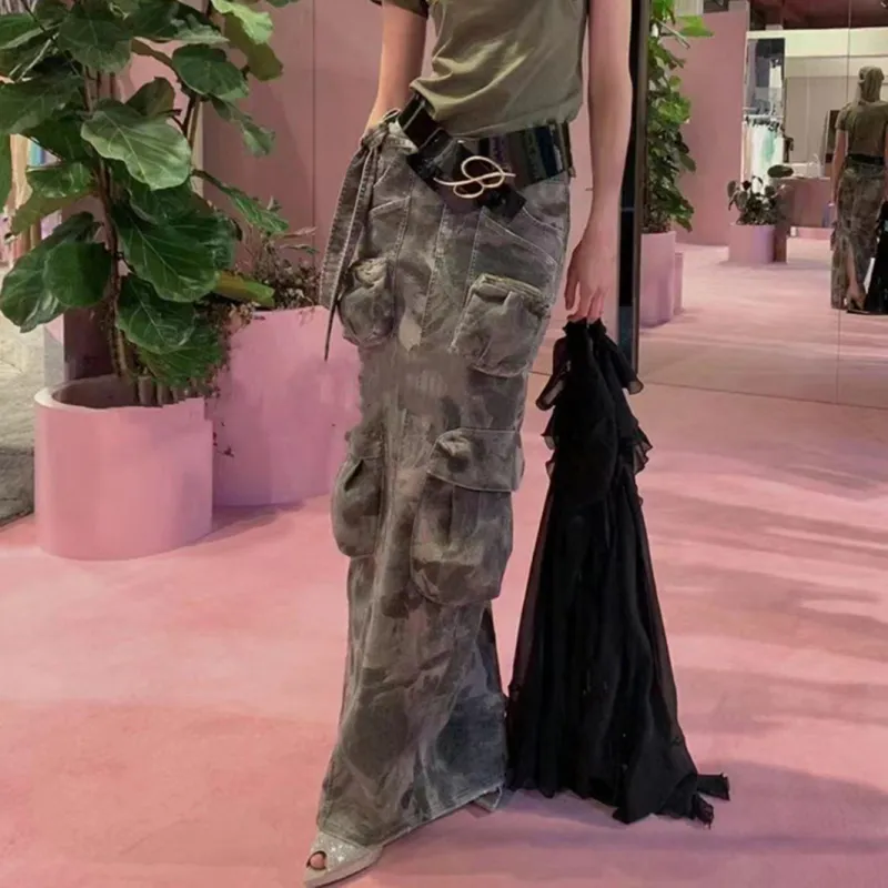 Women Fashion Camouflage Print Multi-Pocket Cargo Denim Skirt