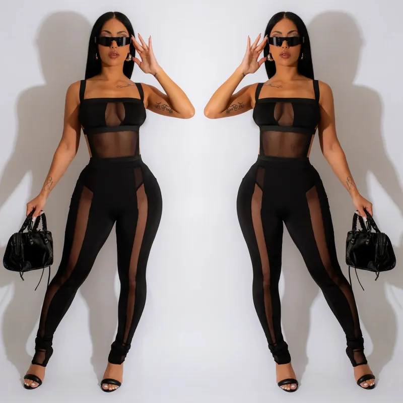 Women Sexy Solid Color Mesh Strap Jumpsuits Elegant Style