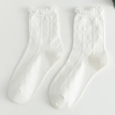 Women's Cotton Rhomboid Stripe Solid Color Mid Calf Socks