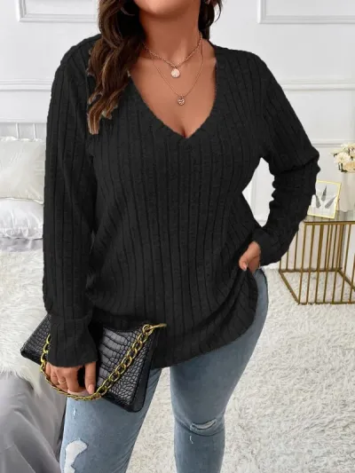 Women Plus Size V-Neck Long Sleeve Pit Strip Top