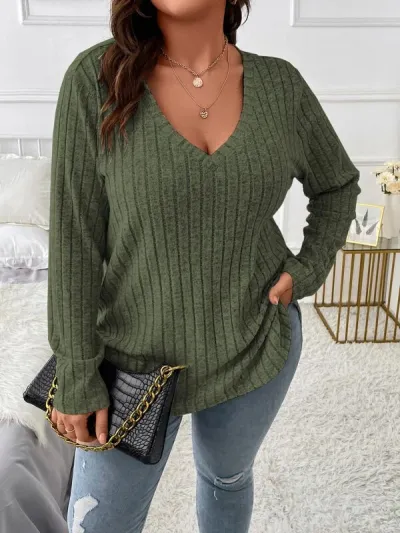 Women Plus Size V-Neck Long Sleeve Pit Strip Top