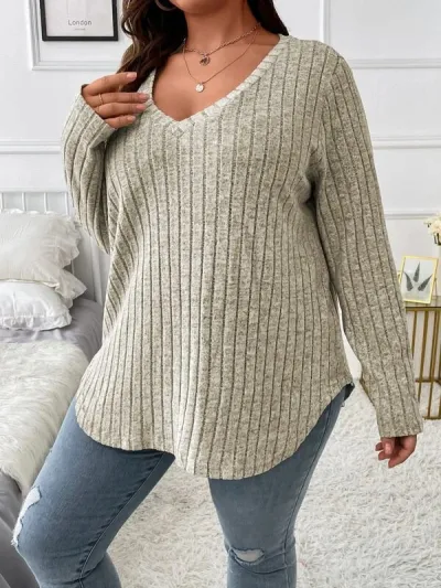 Women Plus Size V-Neck Long Sleeve Pit Strip Top