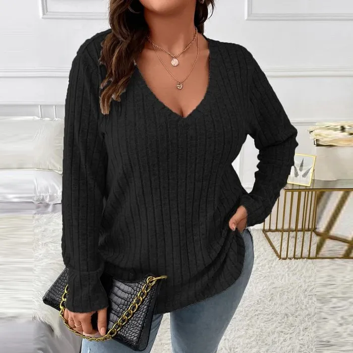 Women Plus Size V-Neck Long Sleeve Pit Strip Top
