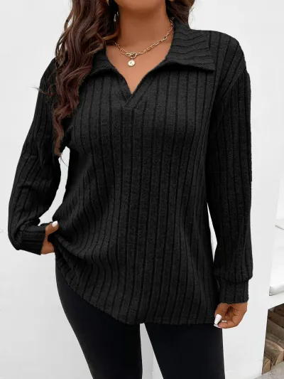 Women Plus Size V-Neck Long Sleeve Pit Strip Pullover Top