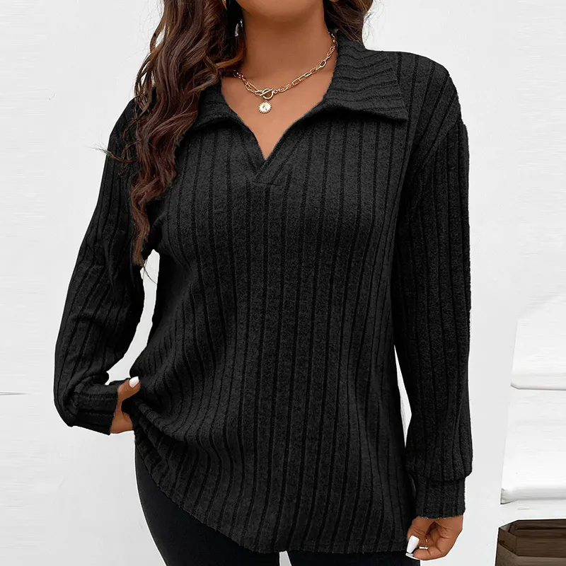 Women Plus Size V-Neck Long Sleeve Pit Strip Pullover Top