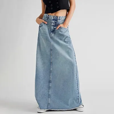 Vintage Women A-Line High Waist Mid-Length Denim Skirt