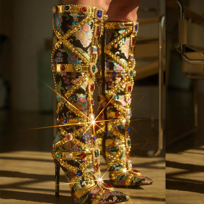 Women Fashion Rhinestone Pointed High Heel Boots Side Zipper