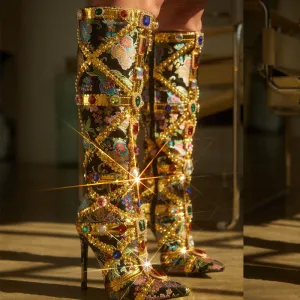 Women Fashion Rhinestone Pointed High Heel Boots Side Zipper