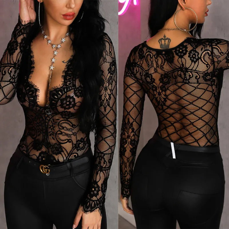 Women Sexy Lace Perspective Long Sleeve One-Piece Lingerie
