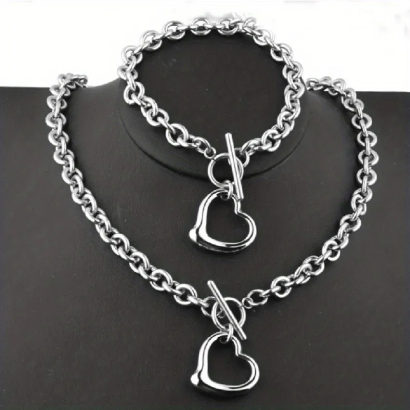 Valentine Day Women Simple Personality Hollow Heart-Shaped Titanium Steel Necklace Bracelet Set