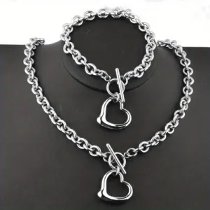 Valentine Day Women Simple Personality Hollow Heart-Shaped Titanium Steel Necklace Bracelet Set