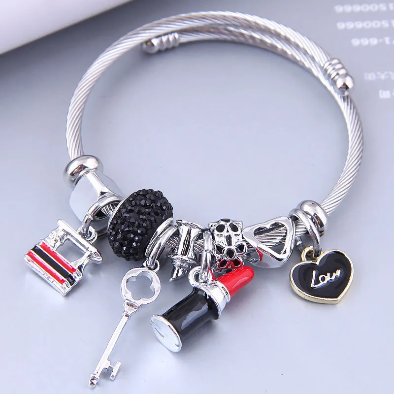 Valentine Day Women Fashion Creative Heart-Shaped Lipstick Beaded Pendant Stainless Steel Bracelet