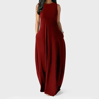 Summer Women Casual Solid Color Round Neck Vest Pocket Maxi Dress