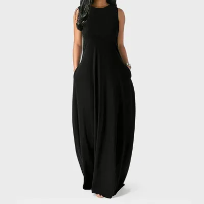 Summer Women Casual Solid Color Round Neck Vest Pocket Maxi Dress
