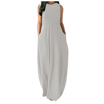 Summer Women Casual Solid Color Round Neck Vest Pocket Maxi Dress