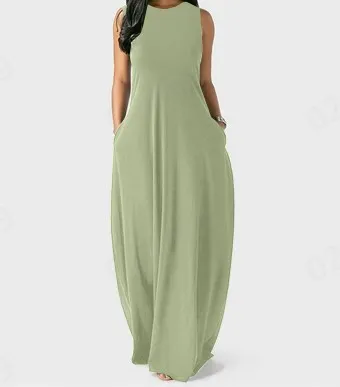 Summer Women Casual Solid Color Round Neck Vest Pocket Maxi Dress