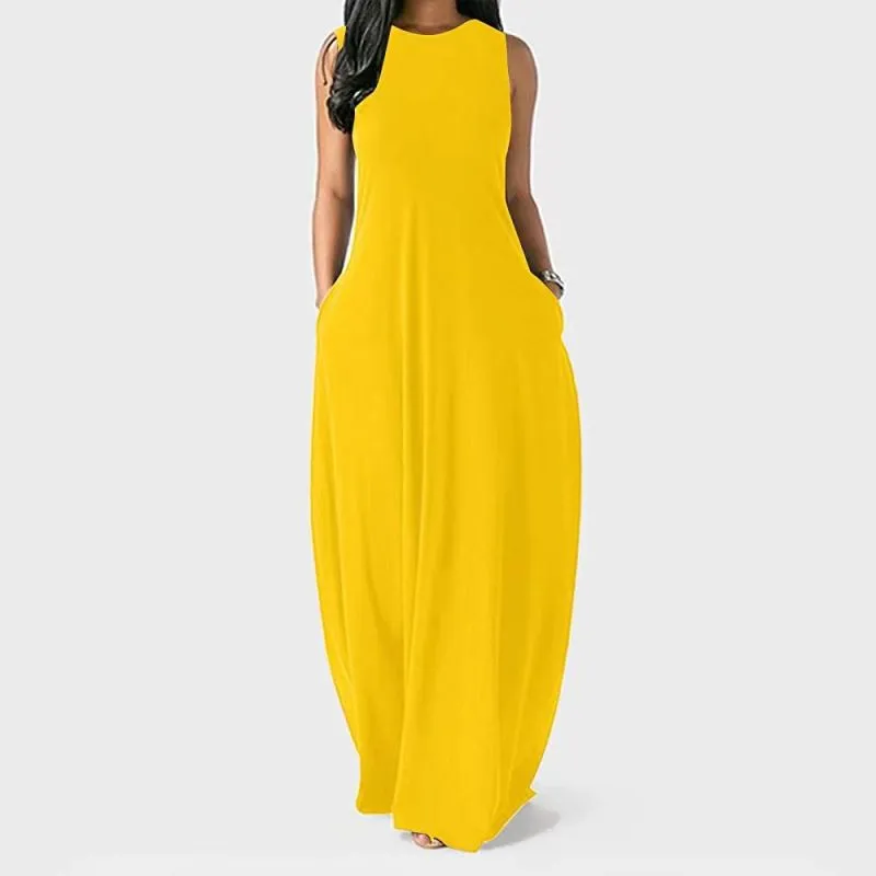 Summer Women Casual Solid Color Round Neck Vest Pocket Maxi Dress