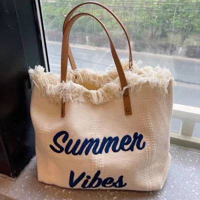 Women Fashion Solid Color Tassel Letter Embroidered Large Capacity Tote Bag