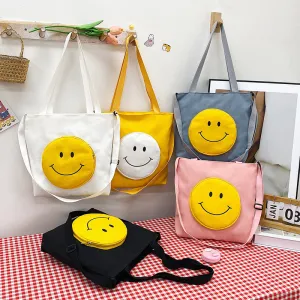 Women Simple Smiley Print Shoulder Bag Canvas Tote Bag