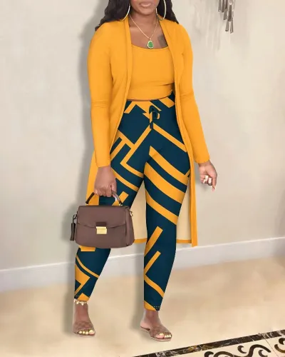 Women Fashion Geometric Print Tanks Jacket Pants Three-Piece Set