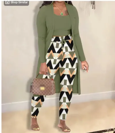 Women Fashion Geometric Print Tanks Jacket Pants Three-Piece Set