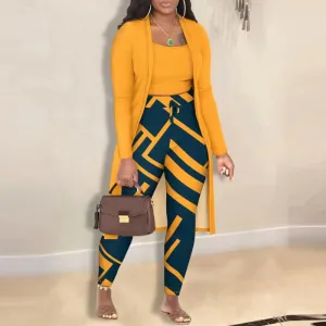 Women Fashion Geometric Print Tanks Jacket Pants Three-Piece Set