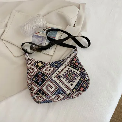 Women Fashion Ethnic Print PU Canvas Shoulder Crossbody Bag Medium