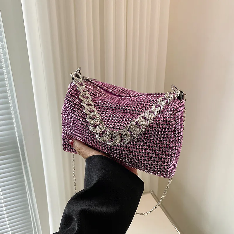 Women Fashion Cylinder Chain Rhinestone Zipper Crossbody Bag PU Small