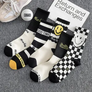 10pcs Women Fashion Black White Smiley Face Cotton Socks