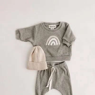 Kids Toddler Boys Girls Casual Cute Rainbow Stripe Long Sleeve Round Neck Sweatshirt Pants Set Cotton