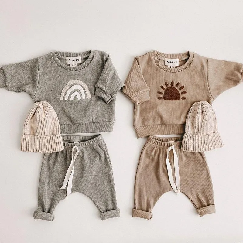 Kids Toddler Boys Girls Casual Cute Rainbow Stripe Long Sleeve Round Neck Sweatshirt Pants Set Cotton