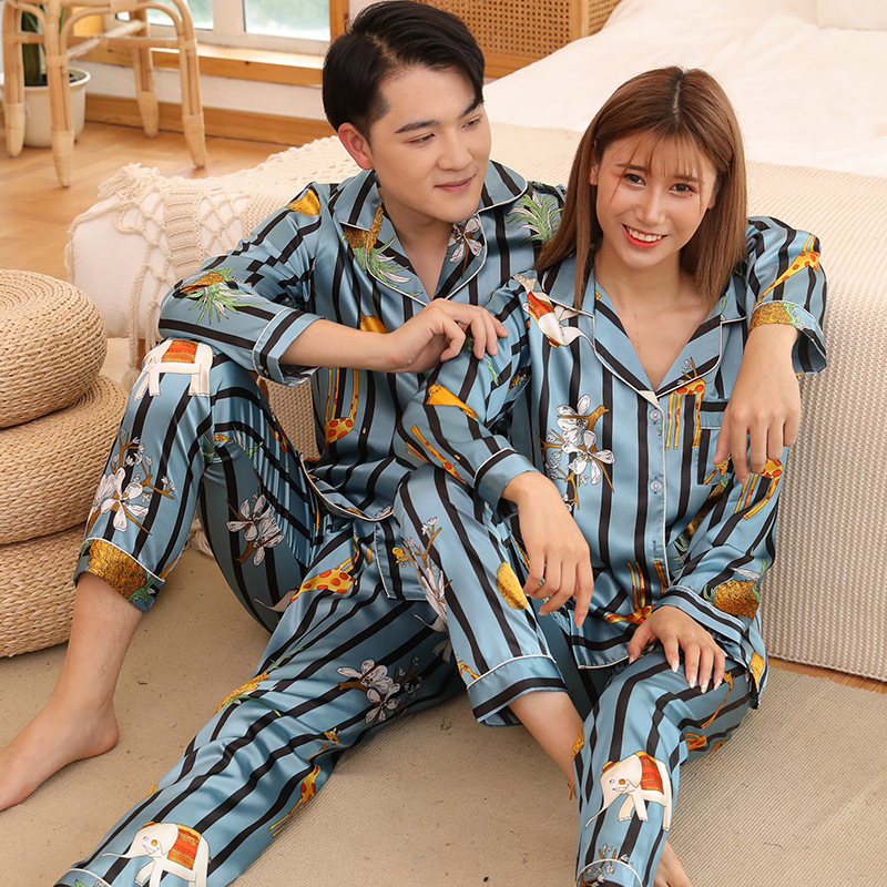 Wholesale Summer Couple Pajamas Cartoon Printed Women Men Ice Silk