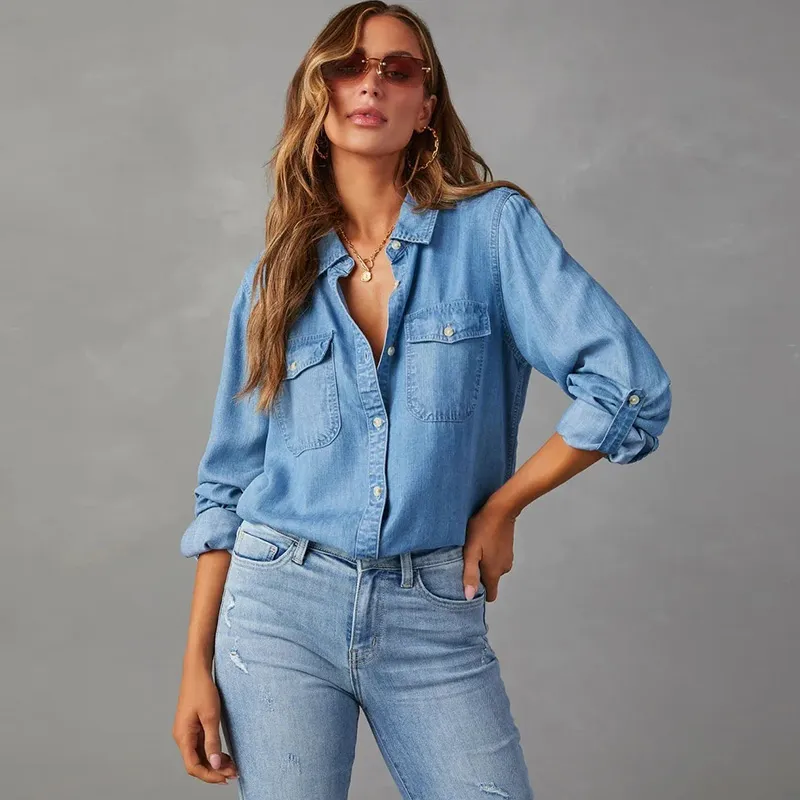 Women's Casual Denim Shirt with Polo Collar - Long Sleeve Regular Fit