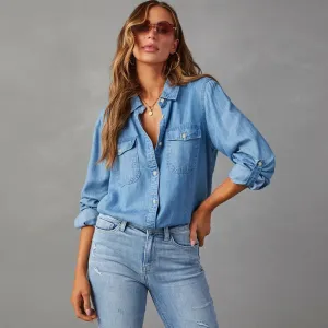 Women's Casual Denim Shirt with Polo Collar - Long Sleeve Regular Fit