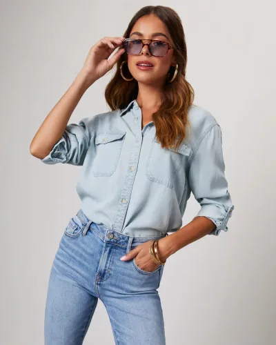 Women's Casual Denim Shirt with Polo Collar - Long Sleeve Regular Fit